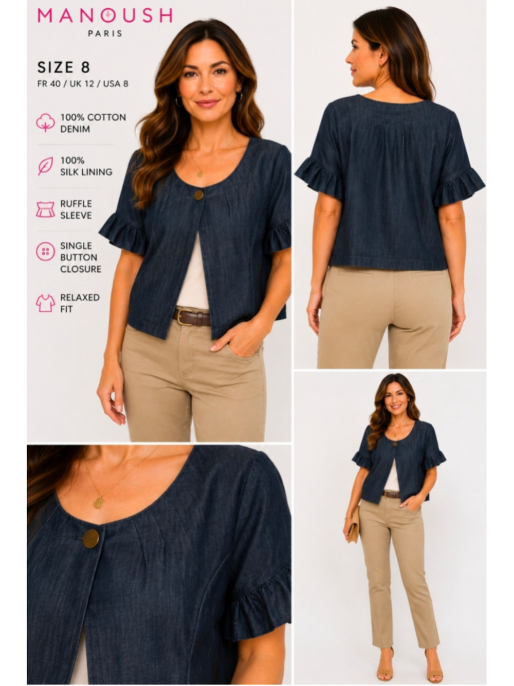 Manoush Paris Designer Denim Ruffle Short Sleeve Cropped Jacket Size 8